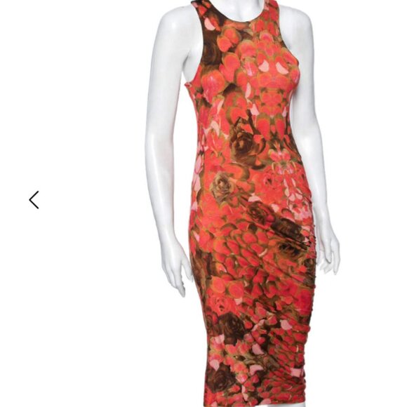 McQ by Alexander McQueen Orange Printed Lyocell Knit Racerback Ruched Dress S - Picture 4 of 16
